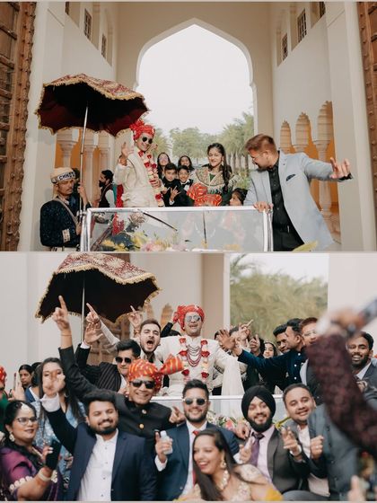 The groom's grand baraat entrance, full of energy, dancing, and celebration with friends and family. We capture the joyous chaos that makes Indian weddings so vibrant.