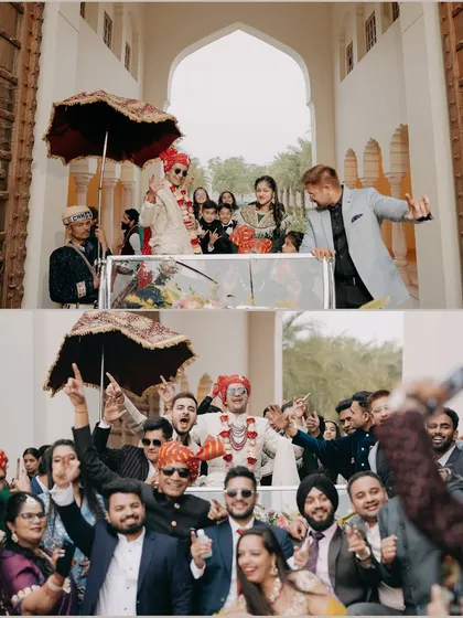 The groom's grand baraat entrance, full of energy, dancing, and celebration with friends and family. We capture the joyous chaos that makes Indian weddings so vibrant.