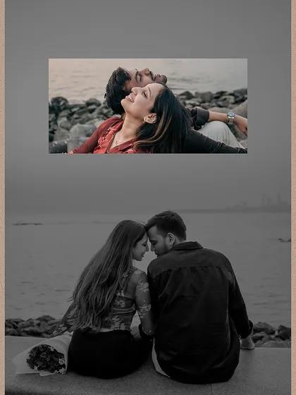A collage showing two different moods from a seaside pre-wedding shoot in Mumbai. It contrasts a colorful, relaxed moment with a more intense, romantic black and white portrait.