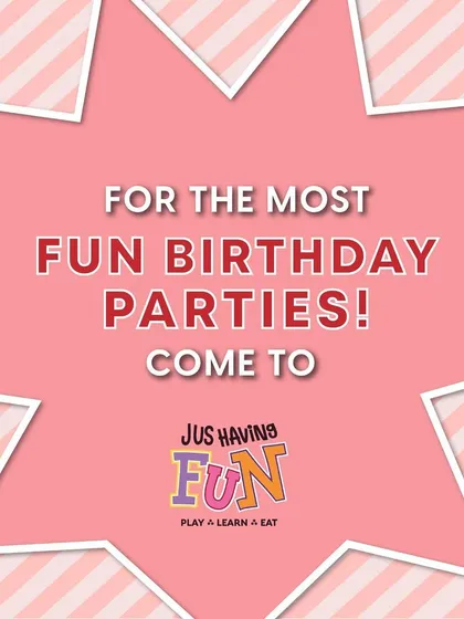 For the most fun birthday parties, come to Jus Having Fun! This graphic sums up our promise: we make birthdays extra special with colorful themes, entertainment, and mouth-watering food.