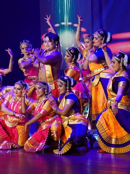 A vibrant and colorful group pose from our senior students' presentation at "NATYAMANIA SEASON 2". Their energy and coordination were spectacular.
