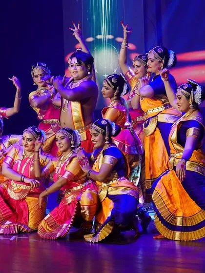 A vibrant and colorful group pose from our senior students' presentation at "NATYAMANIA SEASON 2". Their energy and coordination were spectacular.