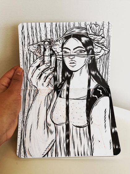 A sketchbook drawing of a woman whose hat is made of an illusion.