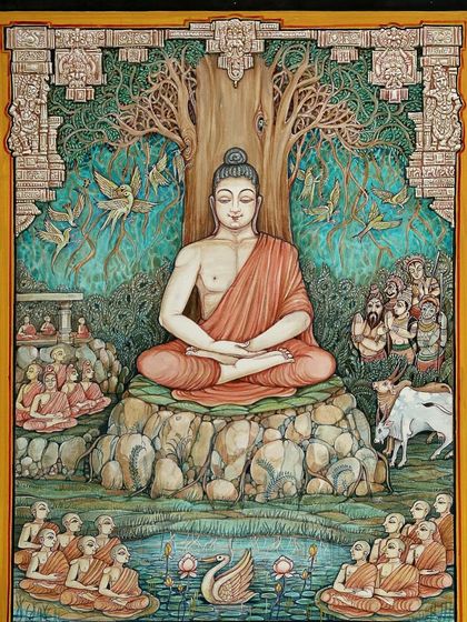 Lord Buddha in a serene and meditative posture. This piece is surrounded by intricate floral and decorative motifs, reflecting the peaceful and spiritual style of Mysore paintings.