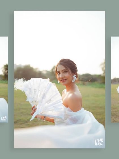 A collage of the bride, Shristi, looking ethereal with her feathered fan. These portraits highlight her elegance and the unique details that made her look so special.