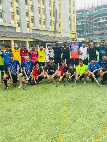 The full squad of juniors and seniors after a Sunday friendly game. These sessions are about camaraderie, skill-building, and a shared love for hockey.
