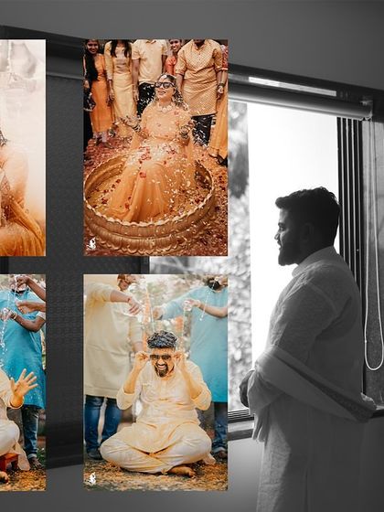 A collage that contrasts the vibrant, chaotic moments of a Haldi with a quiet, reflective portrait of the groom.