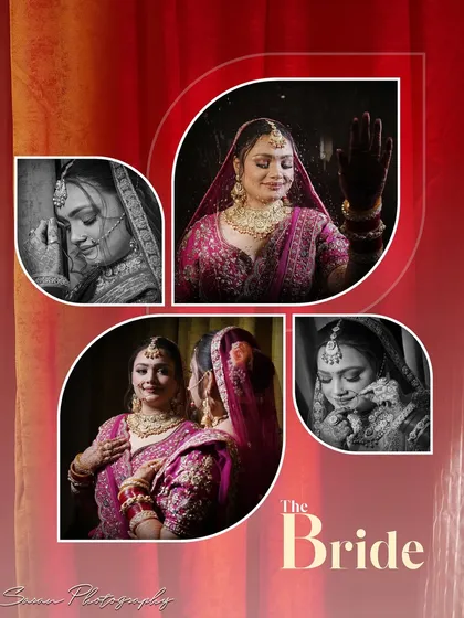 A beautiful album page titled "The Bride," featuring a collection of her contemplative and happy portraits.