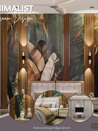 This minimalist bedroom design features a stunning, nature-inspired wallpaper that acts as a feature wall. The combination of wood paneling and integrated lighting creates a warm and calming environment.