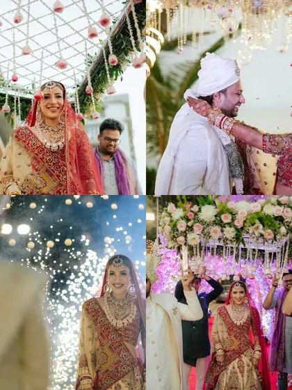 A collage capturing multiple angles of the bride's grand entrance and the emotional varmala that follows. It tells the complete story of this pivotal wedding moment.