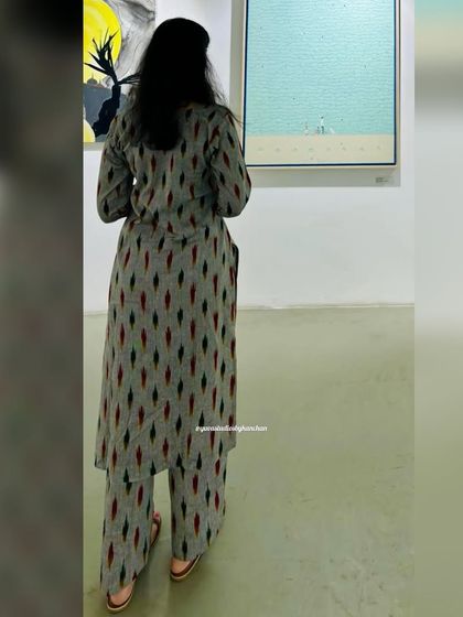 Here is one of our beautiful customers looking stunning in our bestselling grey Ikat kurta pant set. It shows how versatile this outfit is, perfect for an afternoon at an art gallery.