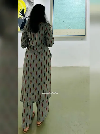 Art appreciating art. A customer looking stunning in my grey Ikat kurta pant set at a gallery, proving that comfort and style can go hand in hand.