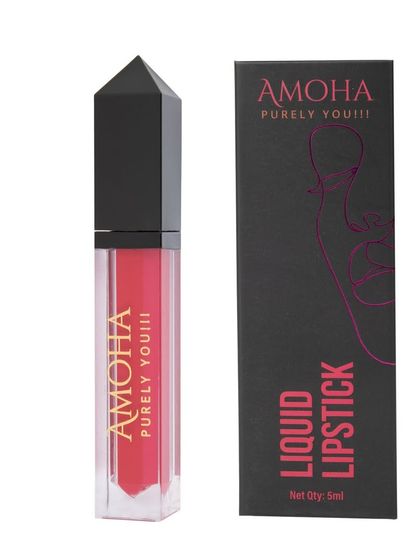 A red 'Amoha' lipstick next to its box, isolated on white.