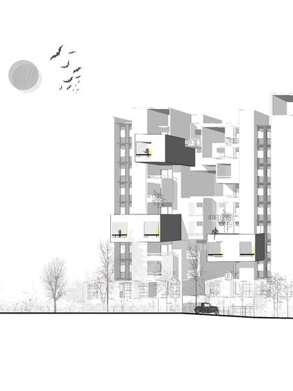 An architectural illustration of the Aurum Avenue housing project, presented in a clean, graphic style to highlight the building's form.