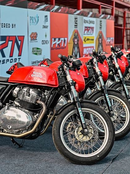Our lineup of track-spec Royal Enfield GT 650s, ready to roll for another day of training. These bikes are maintained to the highest standards to ensure performance and safety.