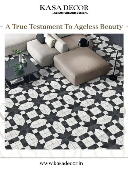 An elegant, star-patterned mosaic tile floor. This classic black-and-white design is a true testament to ageless beauty and adds a sophisticated, graphic element to the living space.