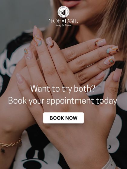 Can't decide between two styles? This graphic encourages you to book an appointment and try them both, showcasing a hand with beautifully detailed abstract nail art.