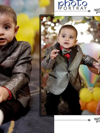A collection of portraits of the birthday boy, posing with balloons and sitting in his miniature BMW toy car.