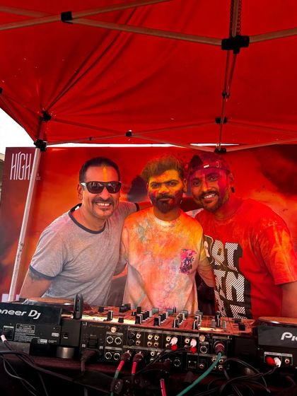 The full crew on stage at the Holi festival. Covered in colors, surrounded by great artists, and playing for a massive crowd is an unbeatable feeling.