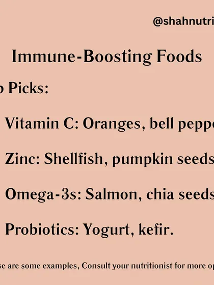 Here are some top immune-boosting foods to include in your diet. Vitamin C from oranges, Zinc from pumpkin seeds, Omega-3s from salmon, and probiotics from yogurt all play a role in keeping you healthy.