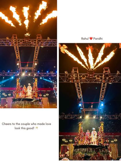 Cheers to the couple who made love look this good. A stunning shot of the Varmala on a raised platform, framed by massive trusses and fire effects, showcasing a truly rockstar wedding.
