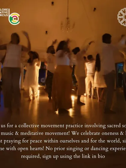 This poster for Dances of Universal Peace invites you to a collective movement practice involving sacred songs and live music. It's a celebration of oneness and love, with no prior experience required.