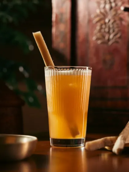 A tall, refreshing cocktail with a sugarcane stick. The natural elements and warm tones give this shot an earthy, tropical vibe.