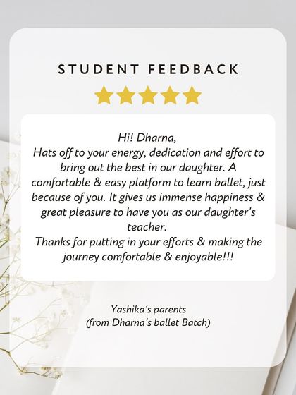 "Dharna is an excellent mentor." We are so grateful for the kind words from our students' parents. Their feedback is a testament to the dedication and nurturing approach of our teachers.
