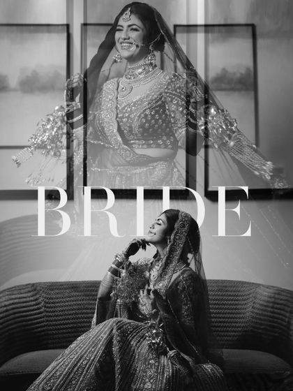 A creative black and white bridal portrait with a double exposure effect, capturing both a pensive and a joyful expression.