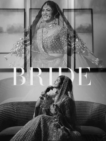 A creative black and white bridal portrait with a double exposure effect, capturing both a pensive and a joyful expression.