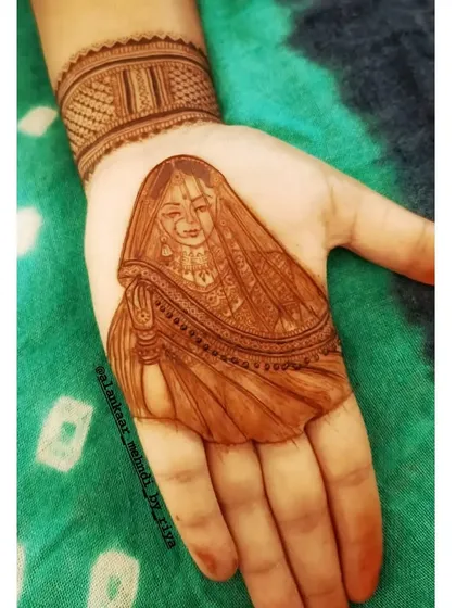 A classic bridal portrait on the palm, with the bride in a traditional veil, showcasing fine line work and shading.