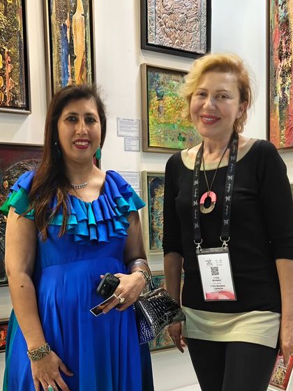 A moment of connection at our World Art Dubai booth, with artist Lydia Moawad visiting our collection. These interactions are key to building a global art community.