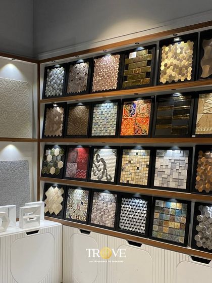 A wall of inspiration featuring our mosaic and decorative tiles. From metallic hexagons to intricate patchworks, these tiles are perfect for creating a stunning backsplash or accent wall.