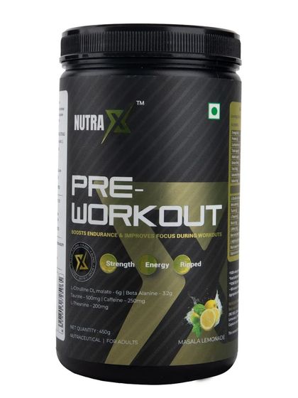 A front-facing shot of the pre-workout powder in Masala Lemonade flavor.