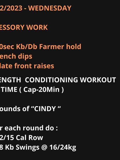 A snapshot of our Wednesday workout, "Cindy," a classic CrossFit benchmark. We provide detailed notes and scaling options for pull-ups and push-ups so everyone can participate and get a great workout.