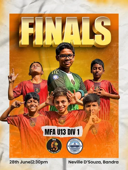 The final stage is set. A graphic announcing our U13 team's journey to the MFA YPL Finals against Mumbai City FC. History in the making.
