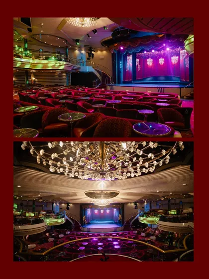 The stunning interiors of the theatre on the Cordelia Cruise, setting the stage for a spectacular Sangeet night at sea.