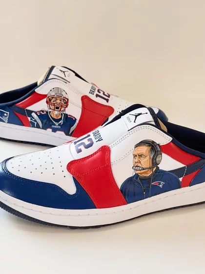 This pair of Jordan Golf Mules was a tribute to the New England Patriots. I painted detailed portraits of legends Tom Brady and coach Bill Belichick, one on each shoe. The design is packed with elements like the team logo, championship stars, and Brady's number 12, all while maintaining a clean, classic look. It’s the ultimate fan gear.
