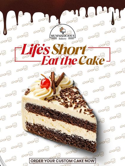 Life's short, eat the cake. This poster features a perfect slice of our classic Black Forest cake, a timeless favourite with layers of chocolate, cream, and cherries.