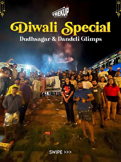 The main poster for our Diwali Special trip to Dudhsagar and Dandeli, showing the happy group at night.