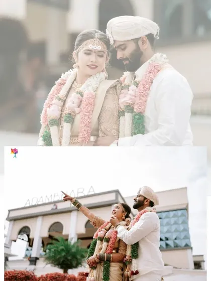 A fun and happy moment outside the wedding venue. The bride pointing upwards adds a touch of spontaneity and joy to this classic couple portrait.