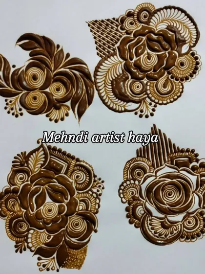 Another set of four floral motifs, these ones featuring bold, swirling roses. This style is very popular in Gulf and Arabic henna designs.