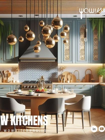 This kitchen is a work of art, featuring ornate gold pendant lighting over a dining table integrated into the kitchen space. The detailed cabinetry and hanging plants create a rich, luxurious atmosphere.