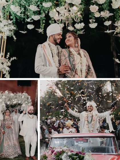 A collage capturing the essence of a dream wedding: the groom's energetic baraat, the bride's graceful entrance, and their magical union at the mandap.