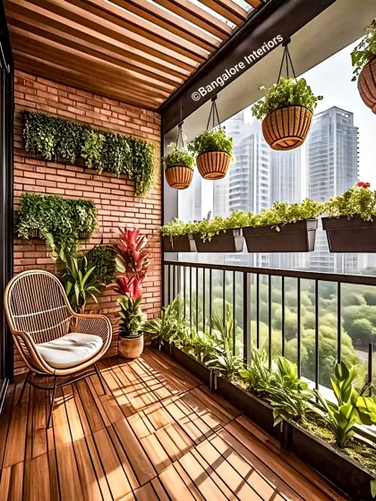 We created a warm, rustic look in this urban balcony with an exposed brick feature wall and rich wooden flooring. Greenery is layered through wall-mounted planters, hanging baskets, and railing planters, creating a garden experience that feels both natural and organized. A single wicker chair provides a perfect corner for reading.