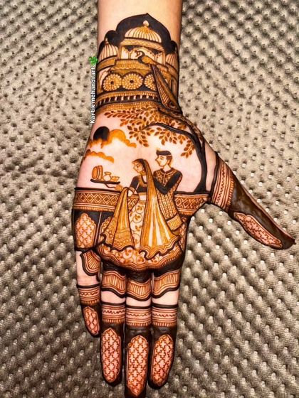 Another angle of the Karva Chauth portrait mehandi, showing the fine details of the couple's attire and the festive scene.