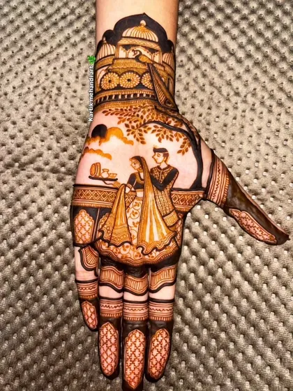Another angle of the Karva Chauth portrait mehandi, showing the fine details of the couple's attire and the festive scene.