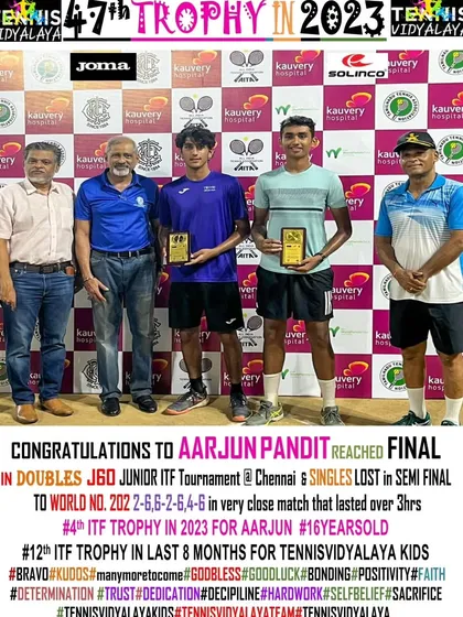 Congratulations to Aarjun Pandit for reaching the doubles final at the J60 Junior ITF Tournament in Chennai. This was the 12th ITF trophy in 8 months for our players.