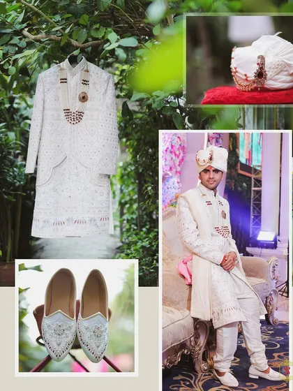 An album page dedicated to the groom's attire, showing his sherwani, turban, and shoes.