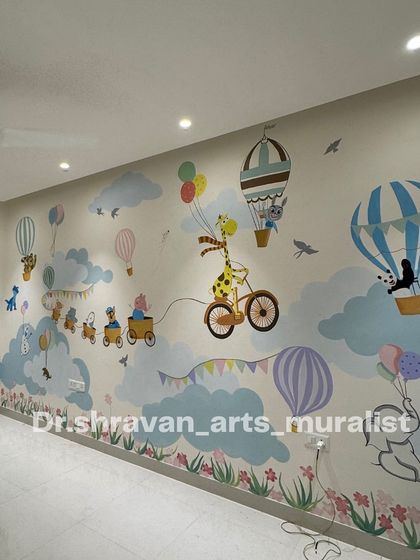 A whimsical cartoon-themed mural for a kids' bedroom. The wall is filled with cute animals on a train, hot air balloons, and fluffy clouds, creating a happy and playful environment.